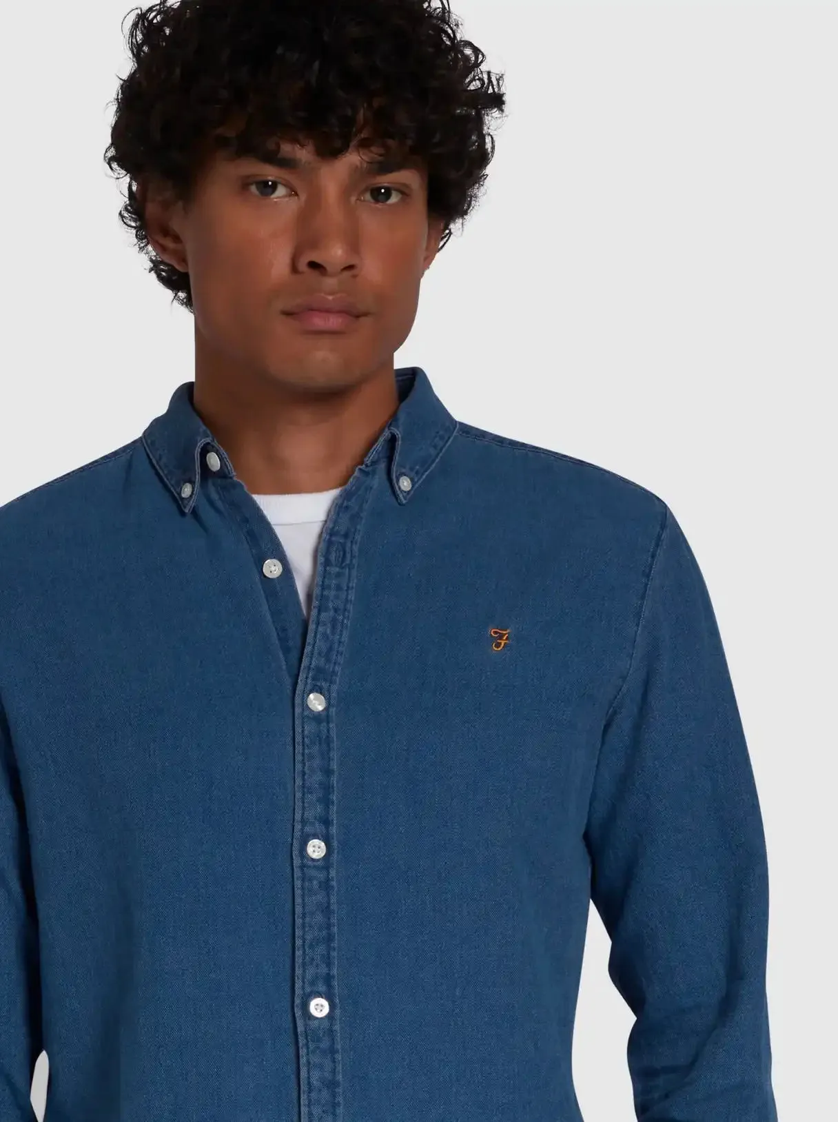 Farah Men's Brewer Long Sleeve Denim Shirt Mid Indigo Blue