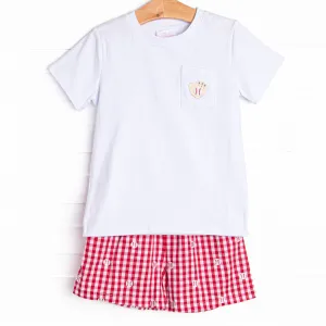 Fly Ball Embroidered Short Set, Red