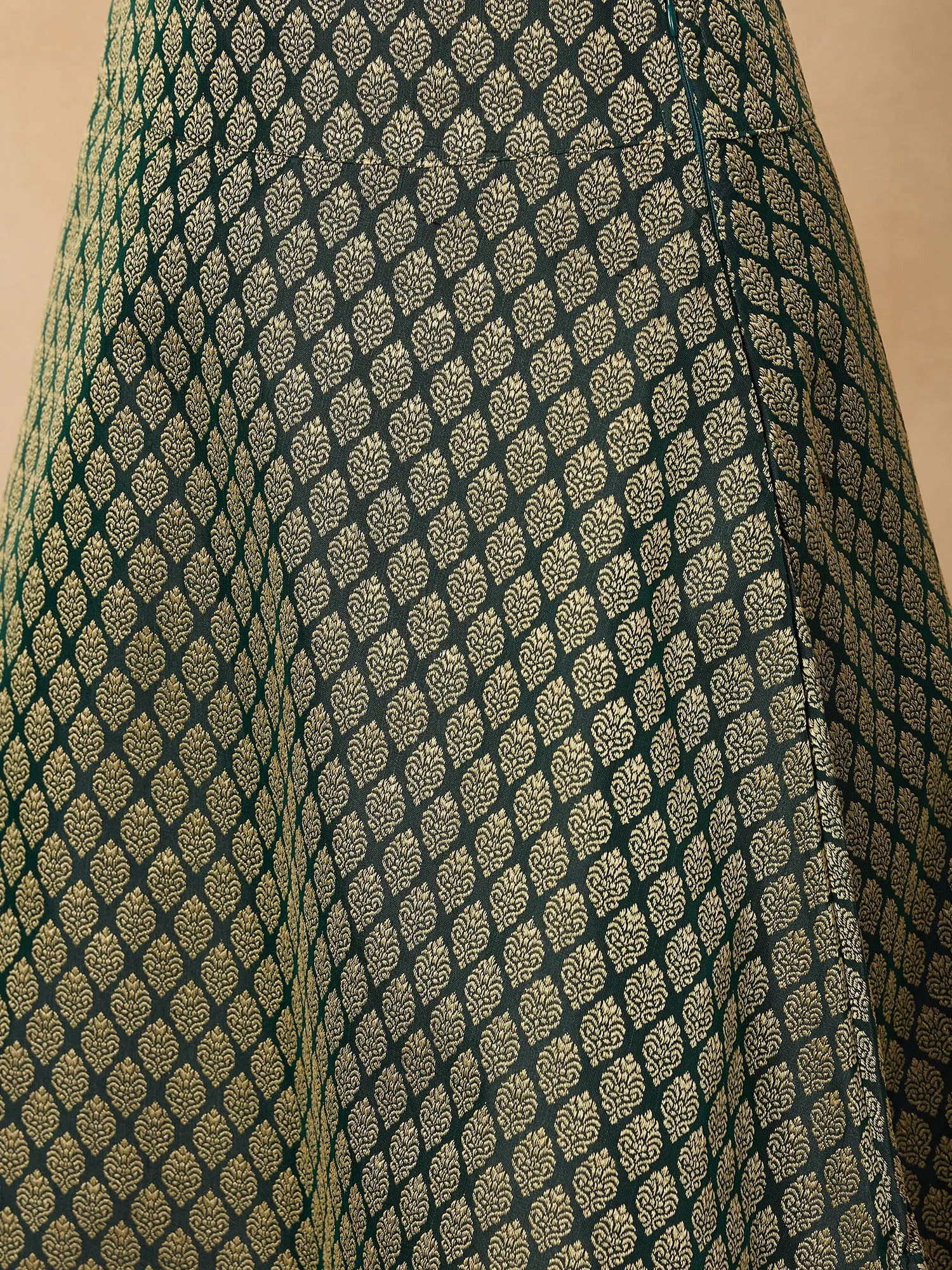 Forest Green Brocade Side Slit Skirt