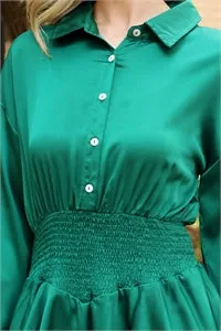 FOREST GREEN SMOCKED WAIST LONG SLEEVE DRESS WITH SHORTS