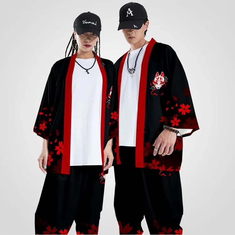 Fox Sakura Print Kimono Vintage Casual Cardigan Pants Set UB7324