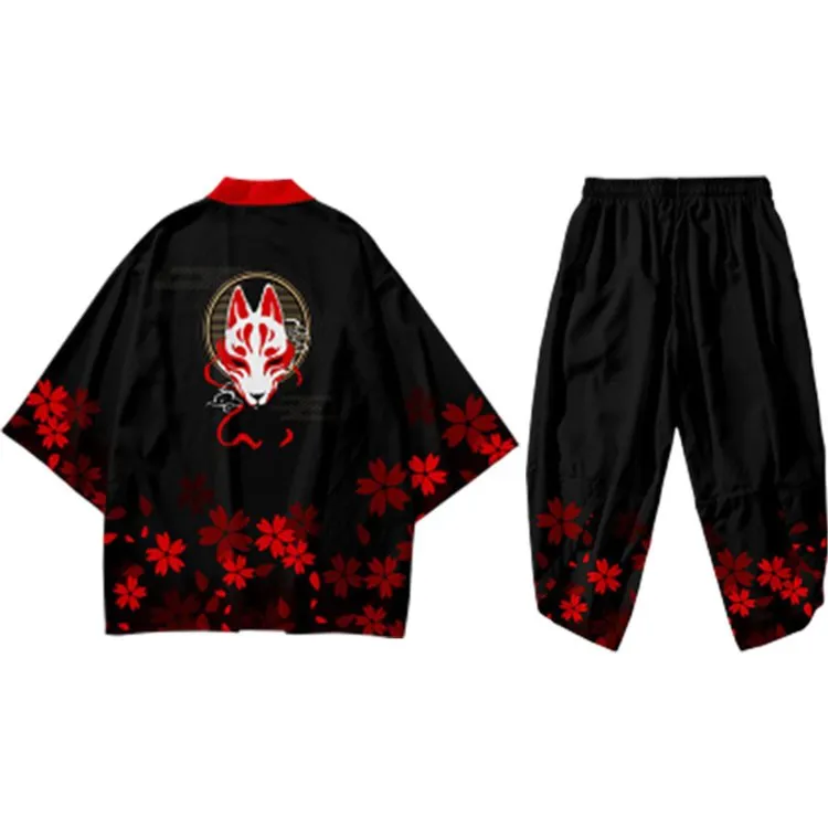Fox Sakura Print Kimono Vintage Casual Cardigan Pants Set UB7324