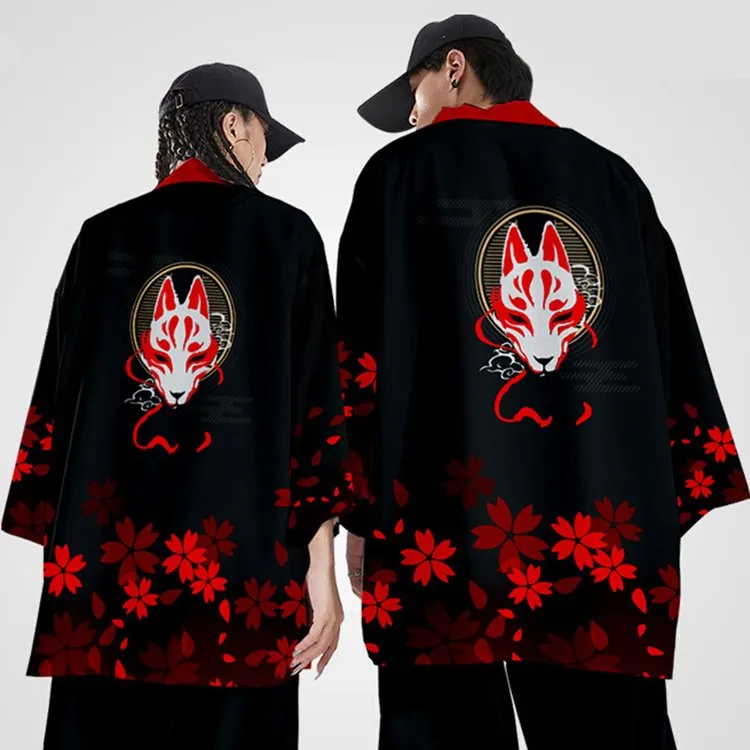 Fox Sakura Print Kimono Vintage Casual Cardigan Pants Set UB7324