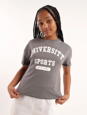Girls University Boxy Tee - Grey