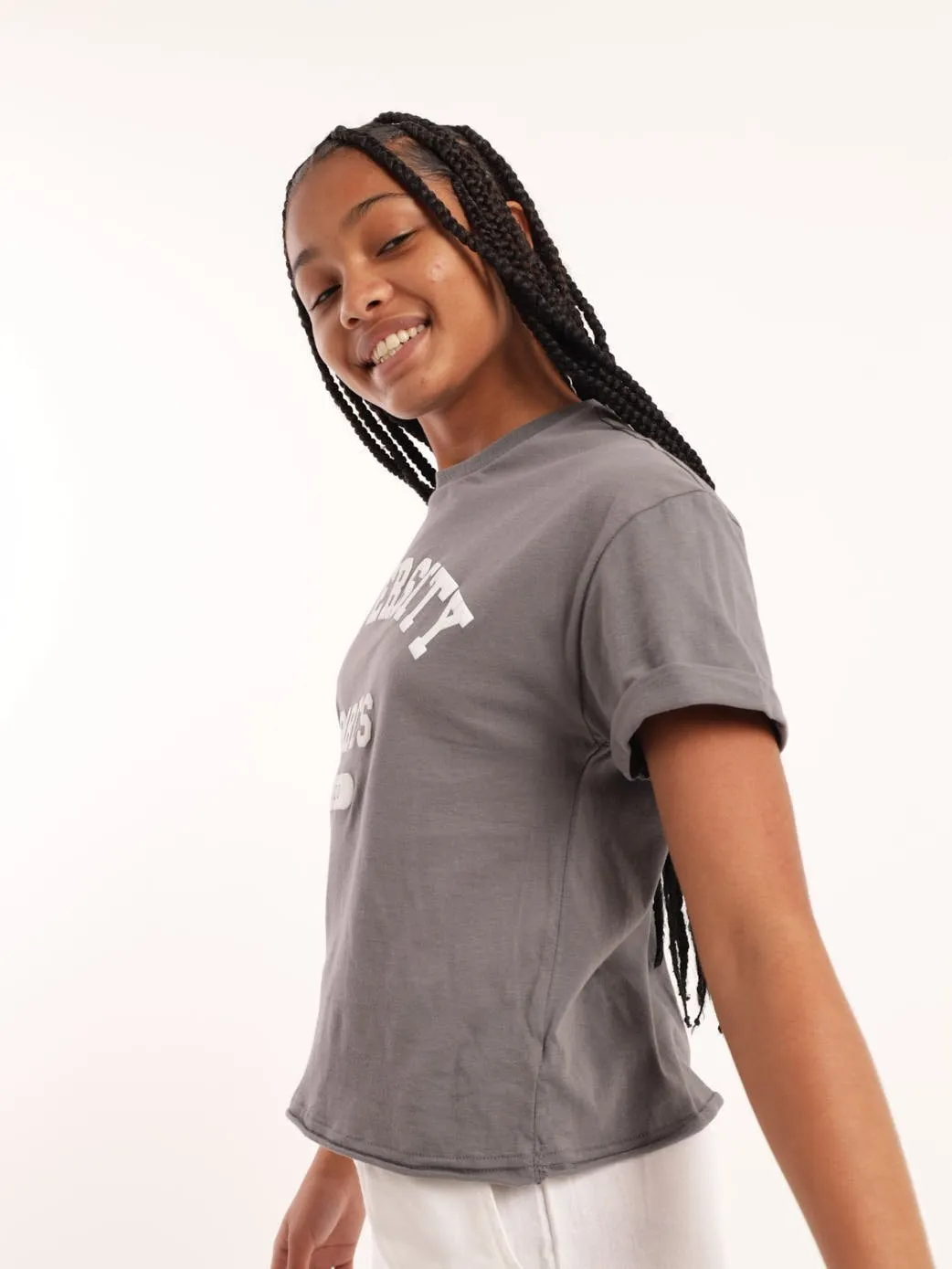 Girls University Boxy Tee - Grey