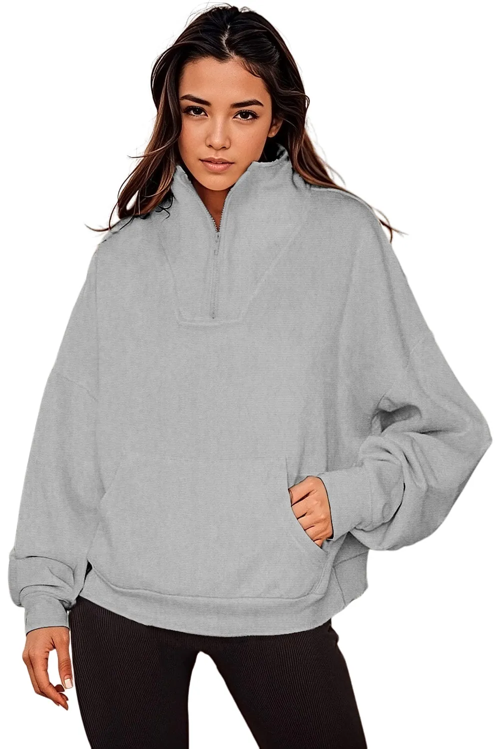 Gray Zipped Funnel Neck Kangaroo Pocket Sweatshirt