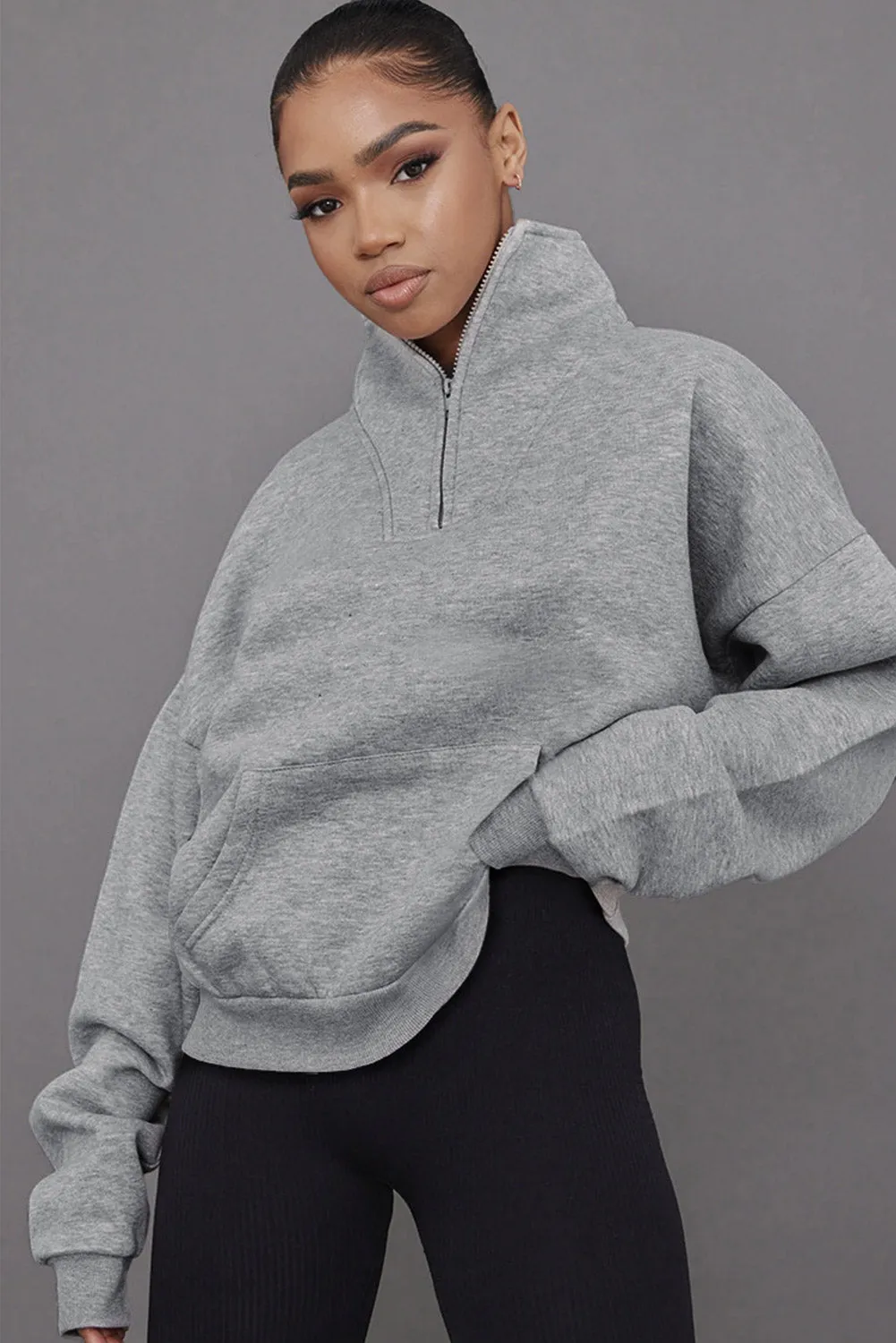 Gray Zipped Funnel Neck Kangaroo Pocket Sweatshirt
