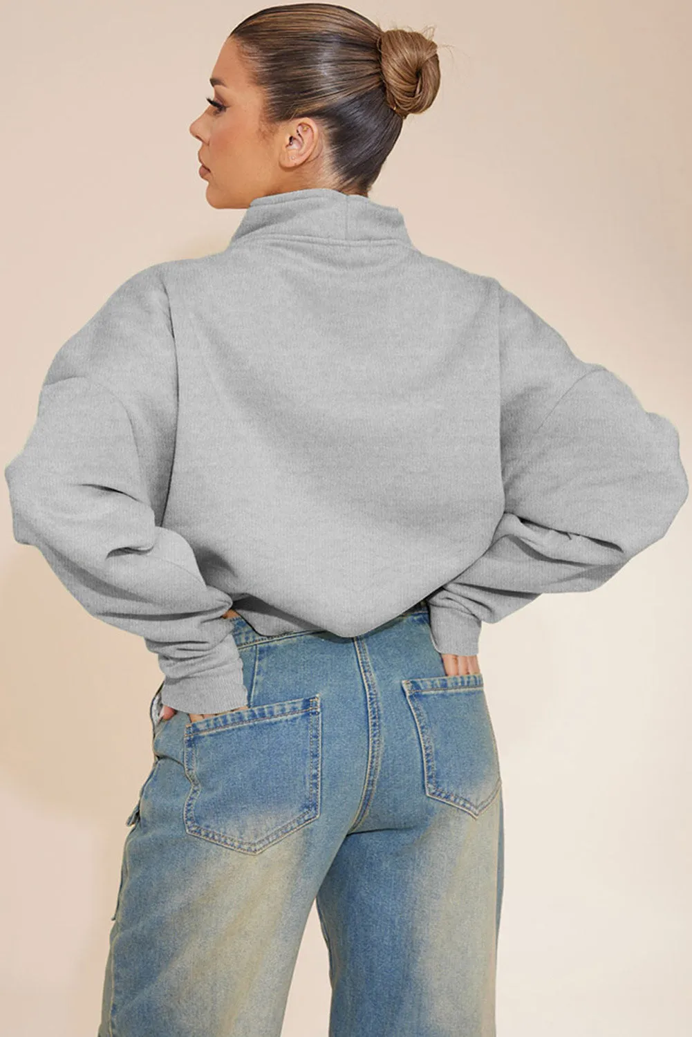 Gray Zipped Funnel Neck Kangaroo Pocket Sweatshirt