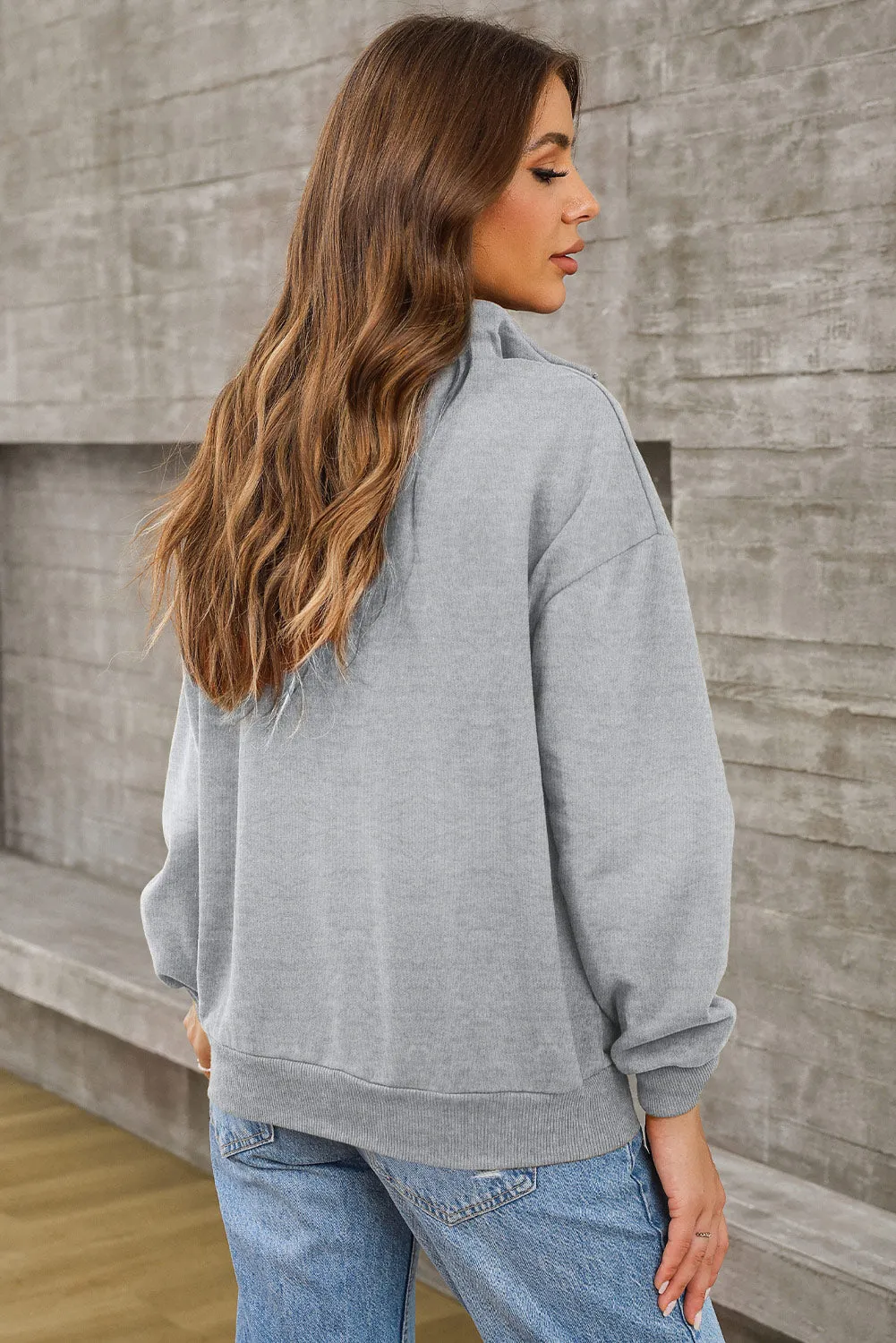 Gray Zipped Funnel Neck Kangaroo Pocket Sweatshirt