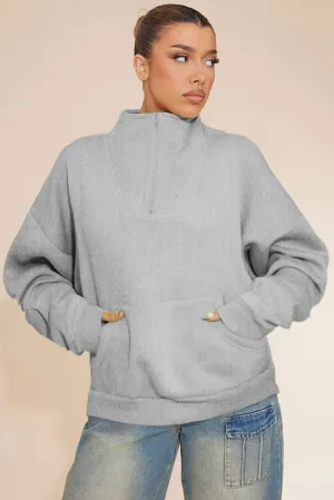 Gray Zipped Funnel Neck Kangaroo Pocket Sweatshirt
