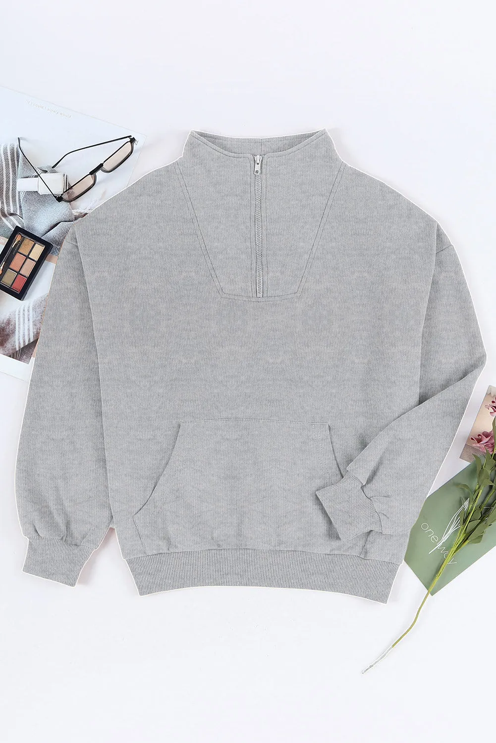Gray Zipped Funnel Neck Kangaroo Pocket Sweatshirt