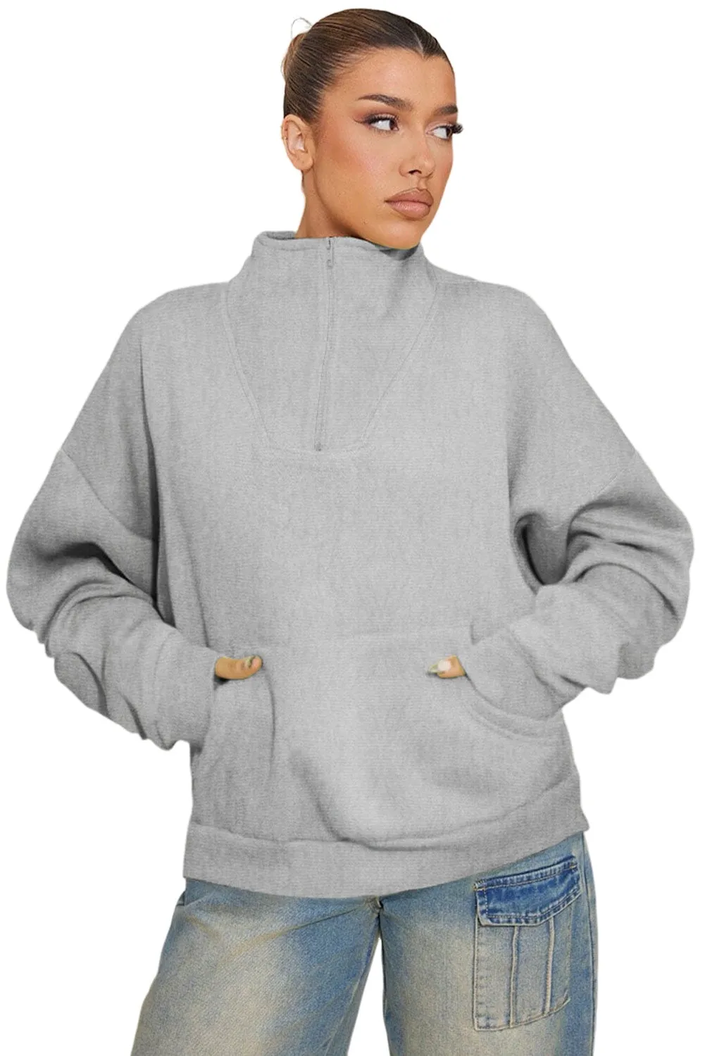 Gray Zipped Funnel Neck Kangaroo Pocket Sweatshirt