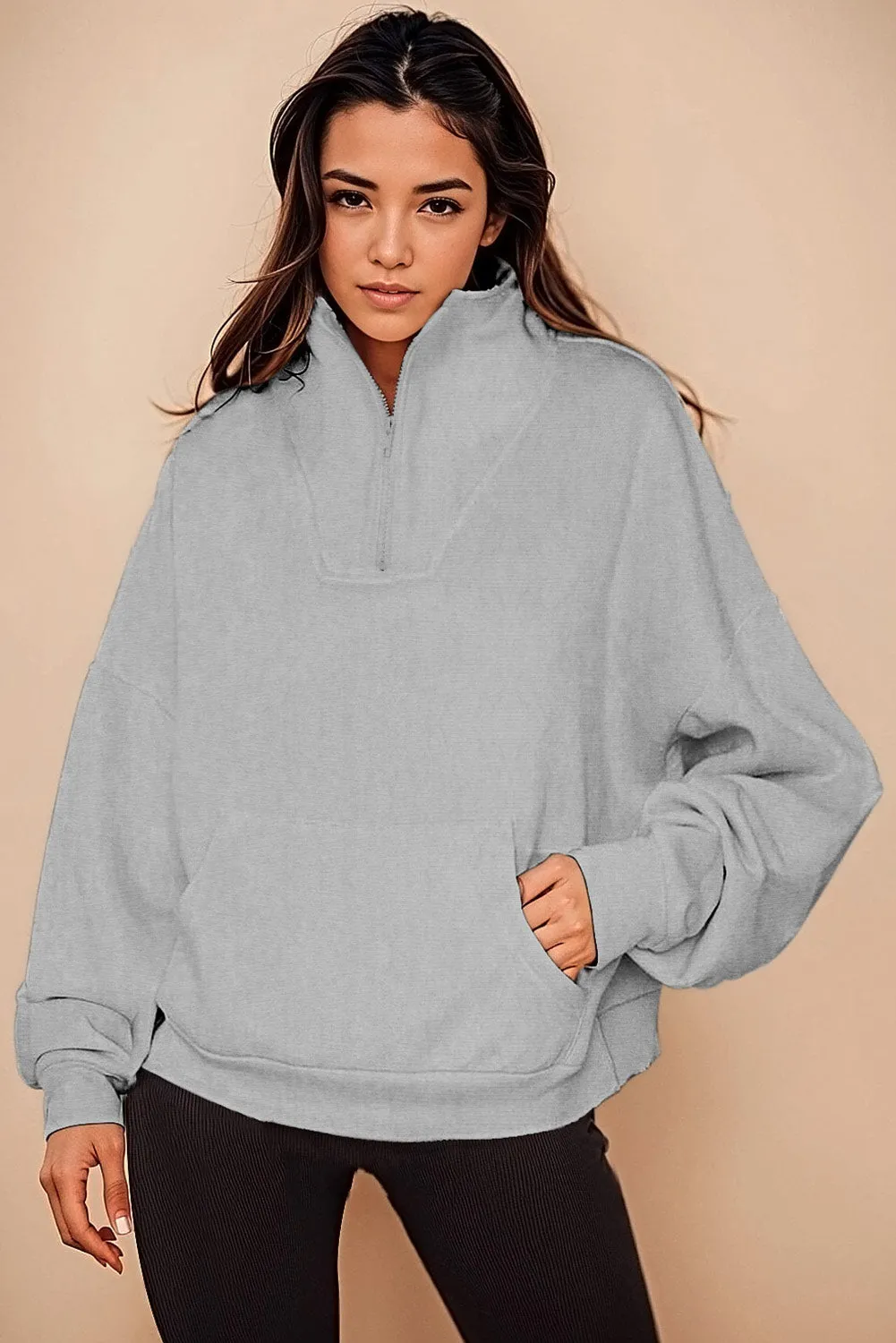 Gray Zipped Funnel Neck Kangaroo Pocket Sweatshirt
