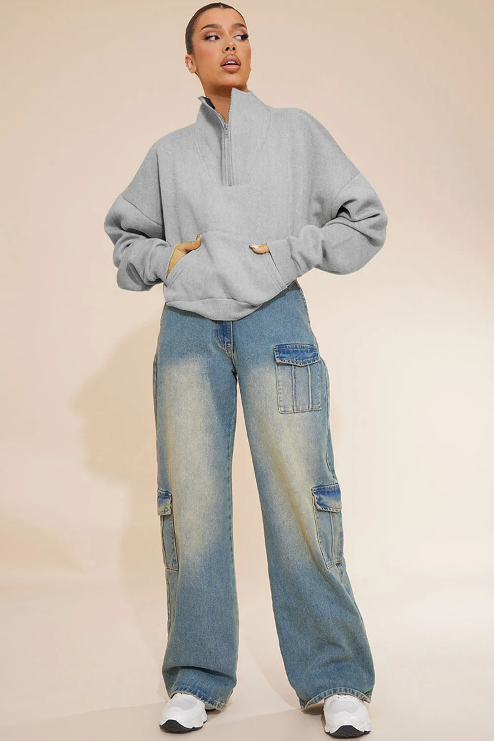 Gray Zipped Funnel Neck Kangaroo Pocket Sweatshirt