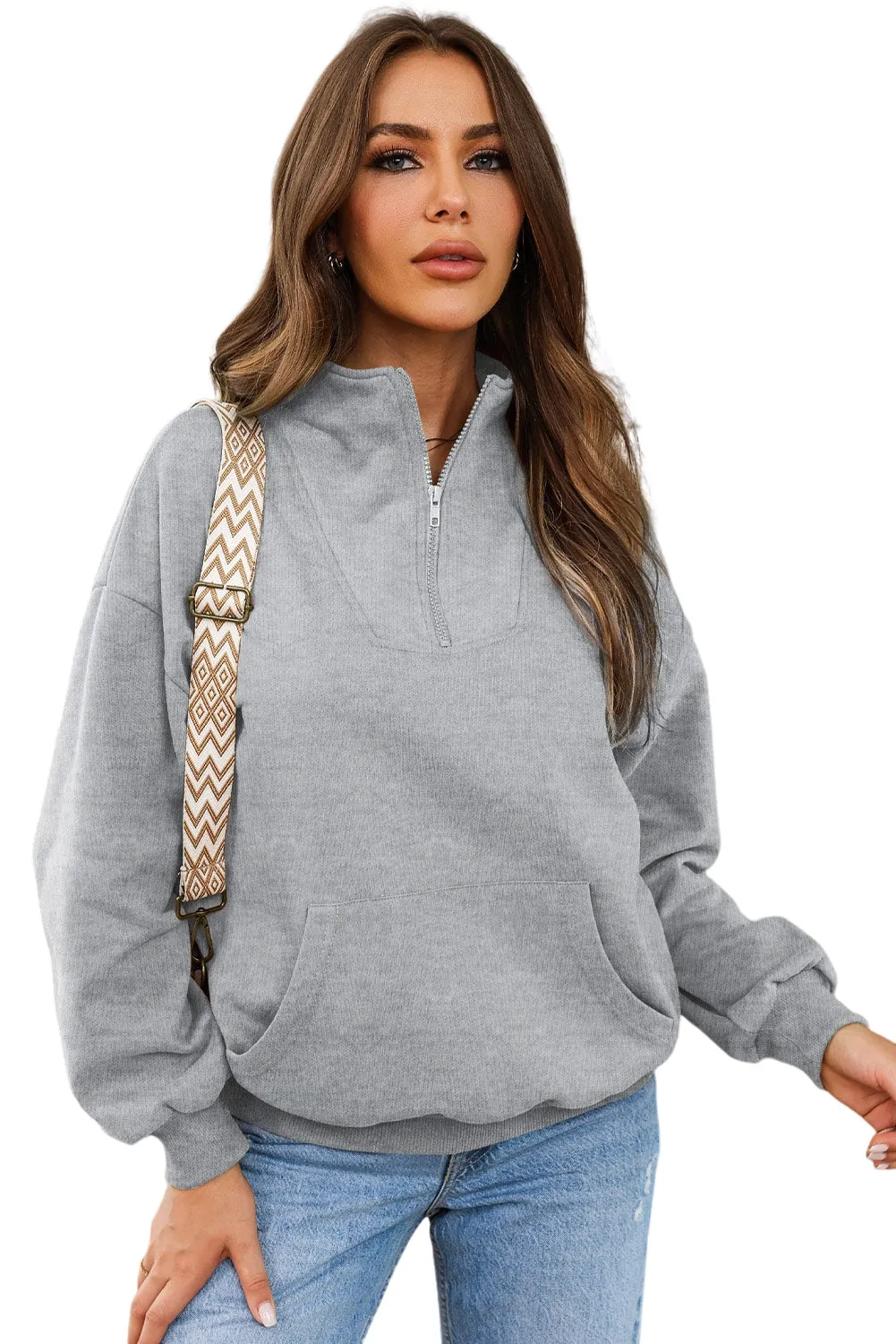 Gray Zipped Funnel Neck Kangaroo Pocket Sweatshirt