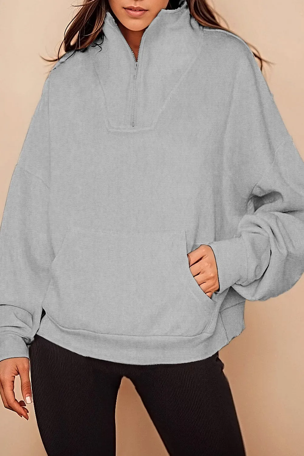 Gray Zipped Funnel Neck Kangaroo Pocket Sweatshirt