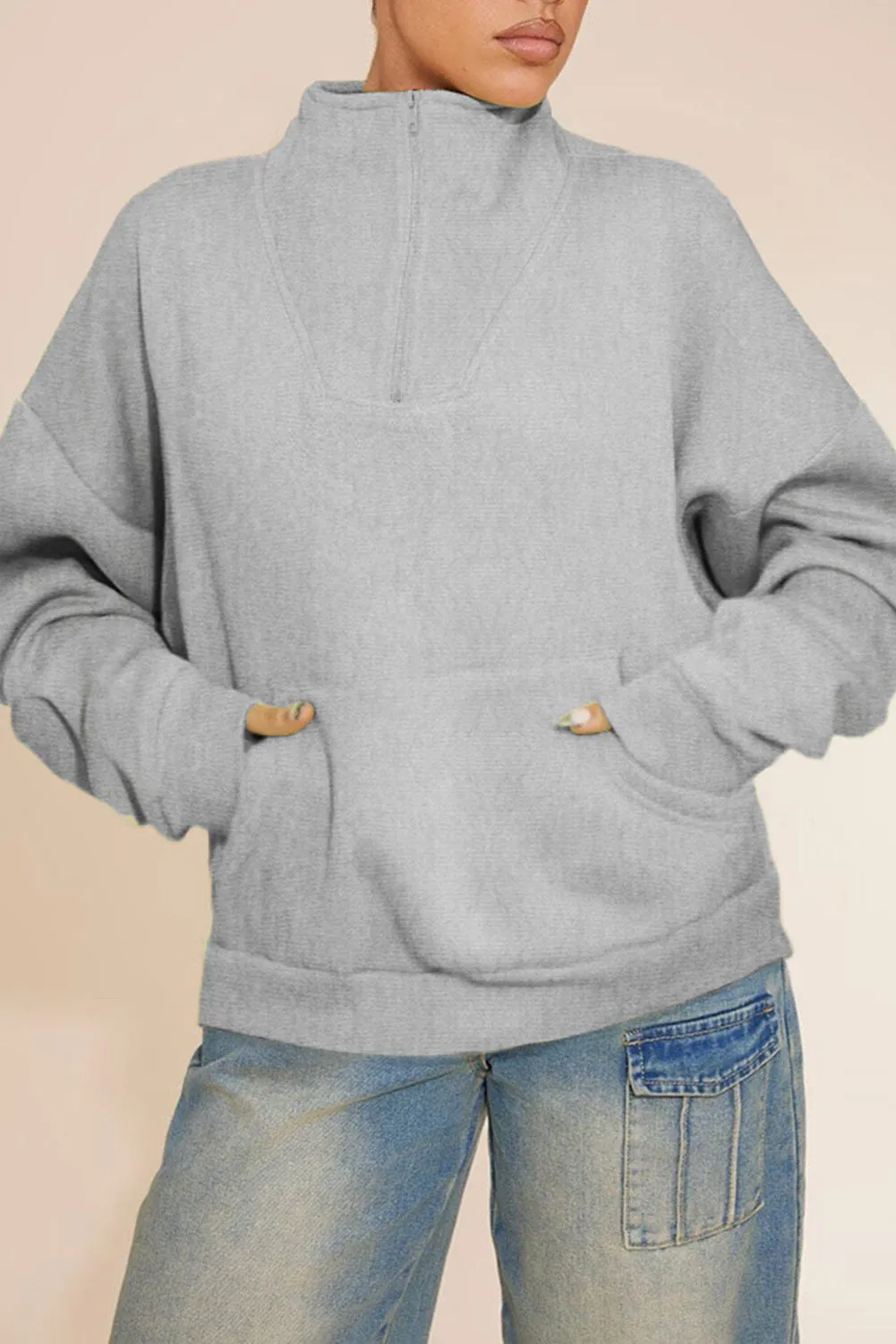 Gray Zipped Funnel Neck Kangaroo Pocket Sweatshirt