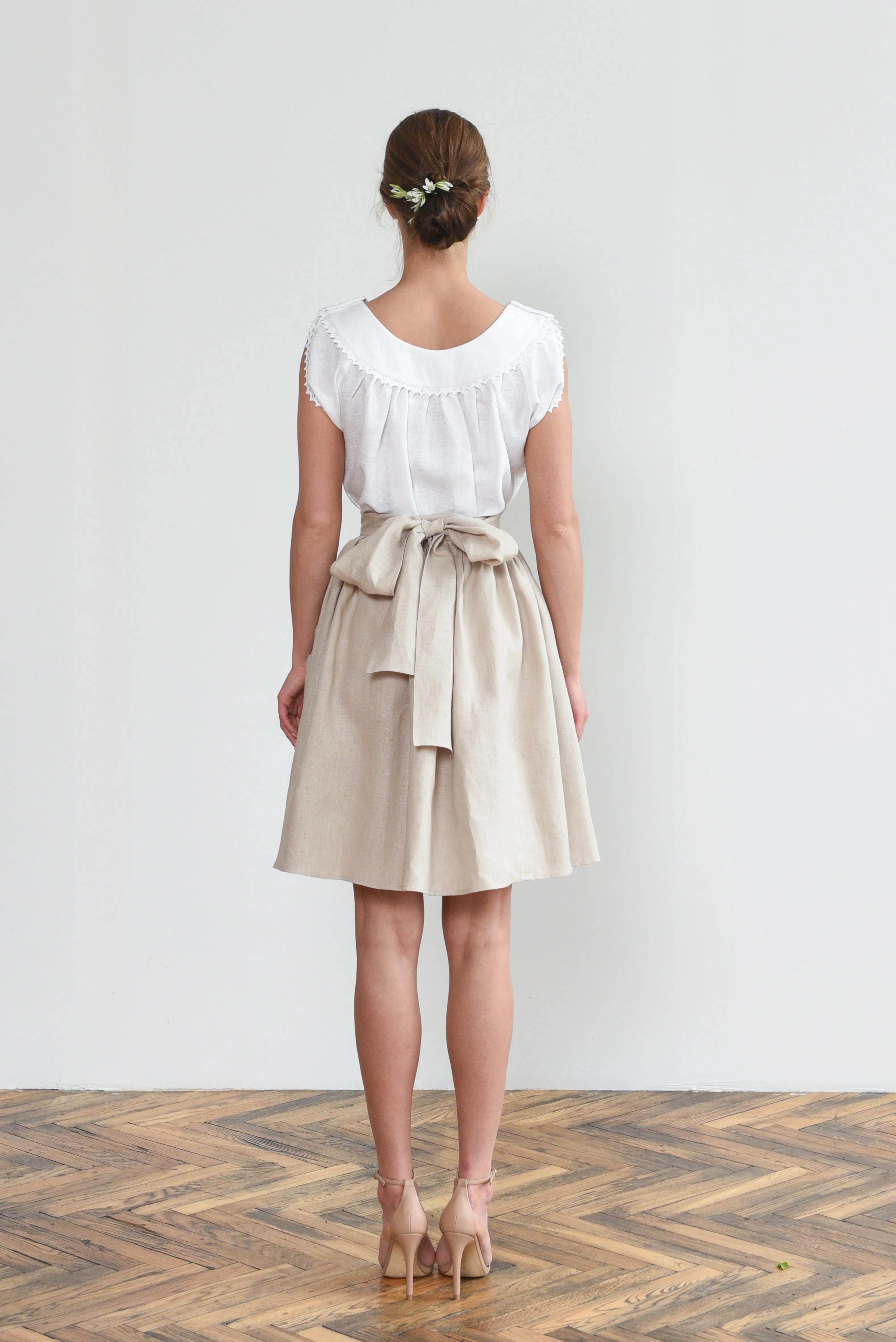 Grethel Tie-Wrap Skirt with Pockets in Natural linen