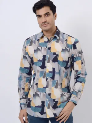 Grey & Blue Printed Slim Fit Casual Shirt | JadeBlue