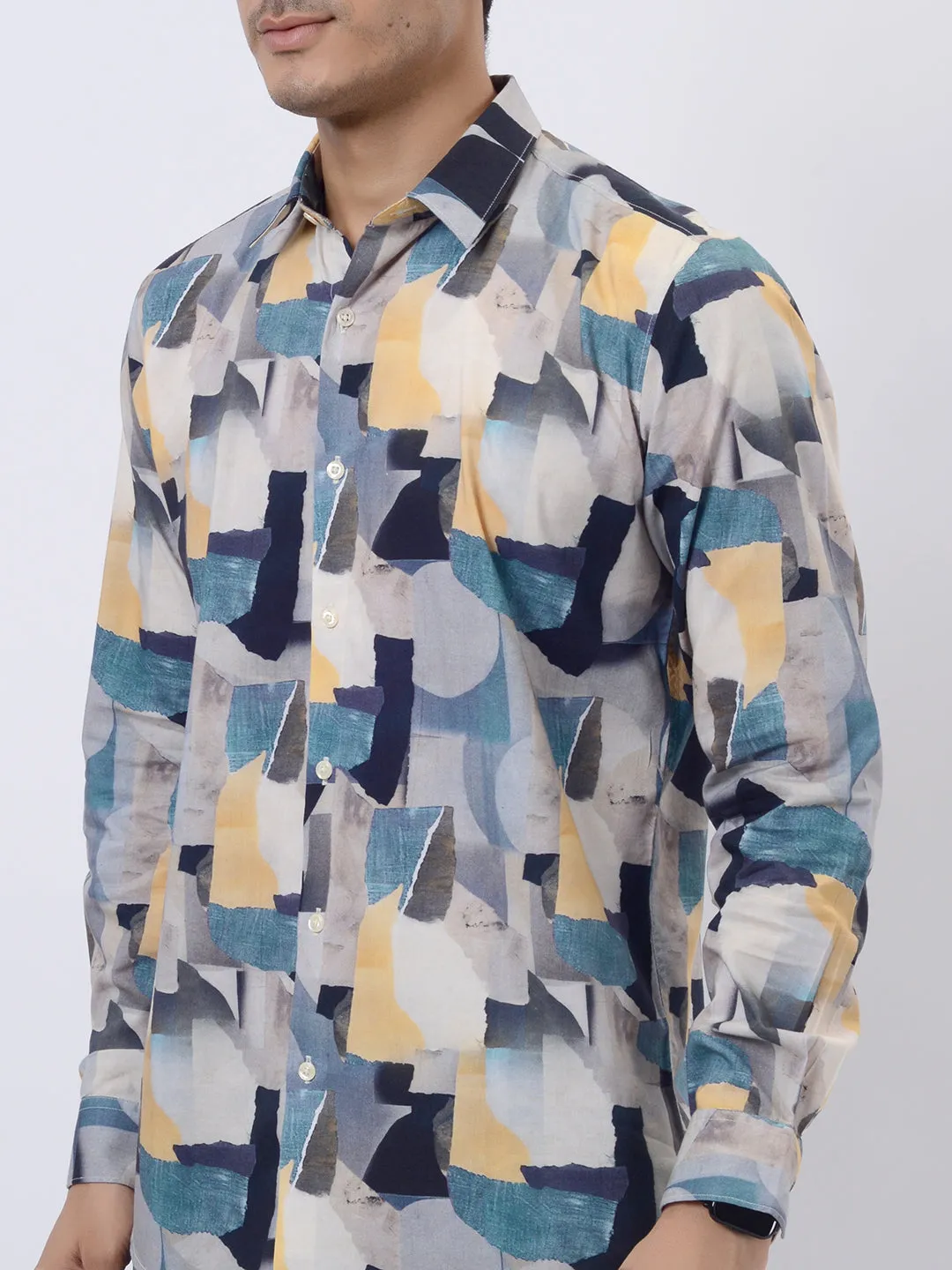 Grey & Blue Printed Slim Fit Casual Shirt | JadeBlue