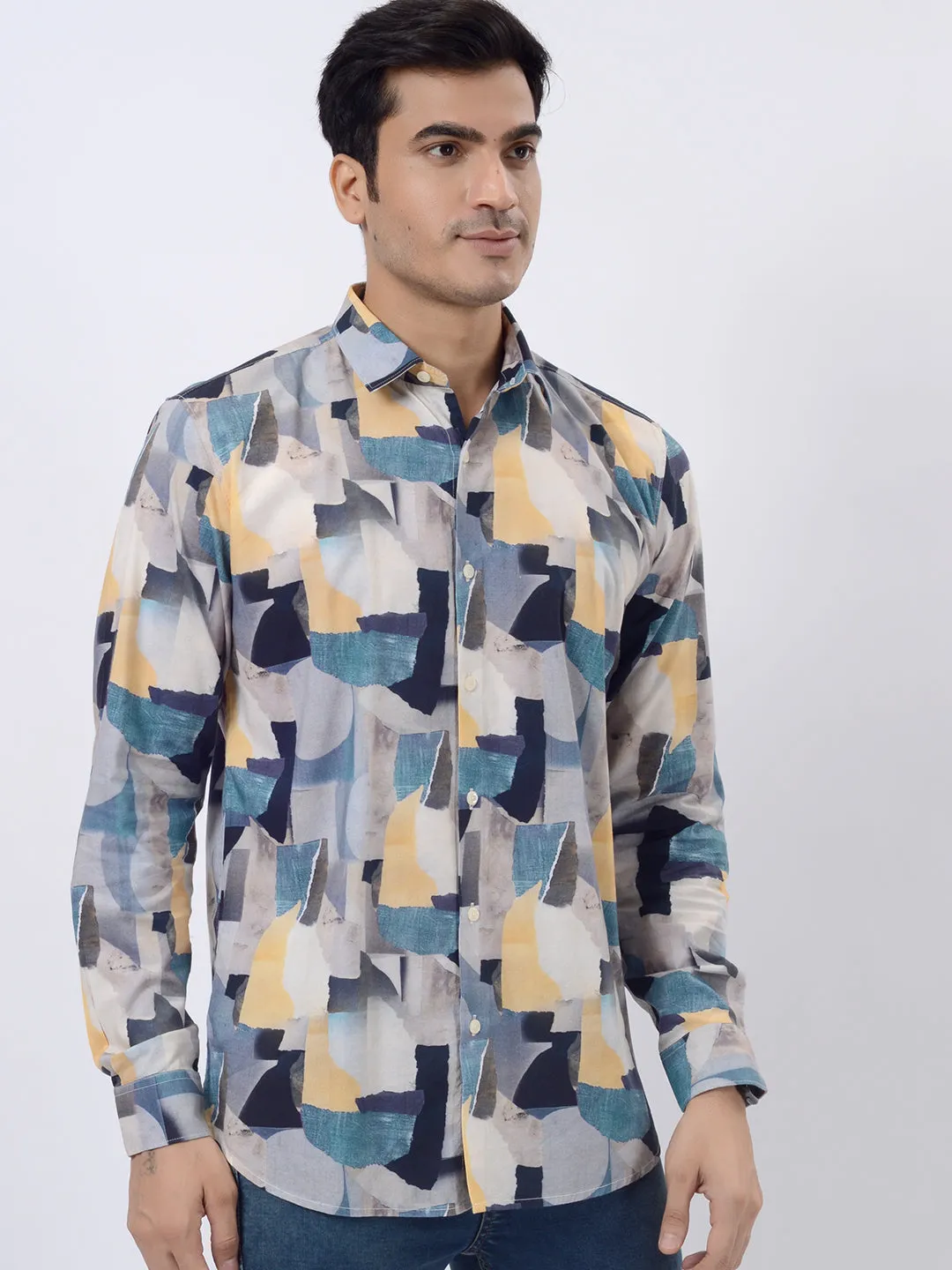 Grey & Blue Printed Slim Fit Casual Shirt | JadeBlue