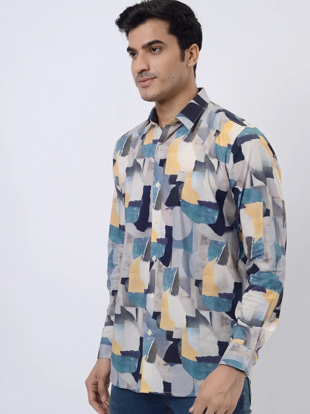 Grey & Blue Printed Slim Fit Casual Shirt | JadeBlue