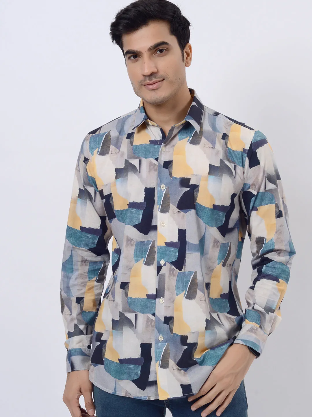 Grey & Blue Printed Slim Fit Casual Shirt | JadeBlue