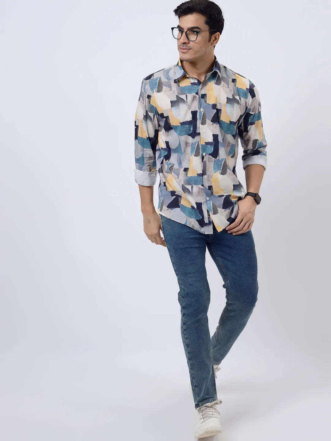Grey & Blue Printed Slim Fit Casual Shirt | JadeBlue
