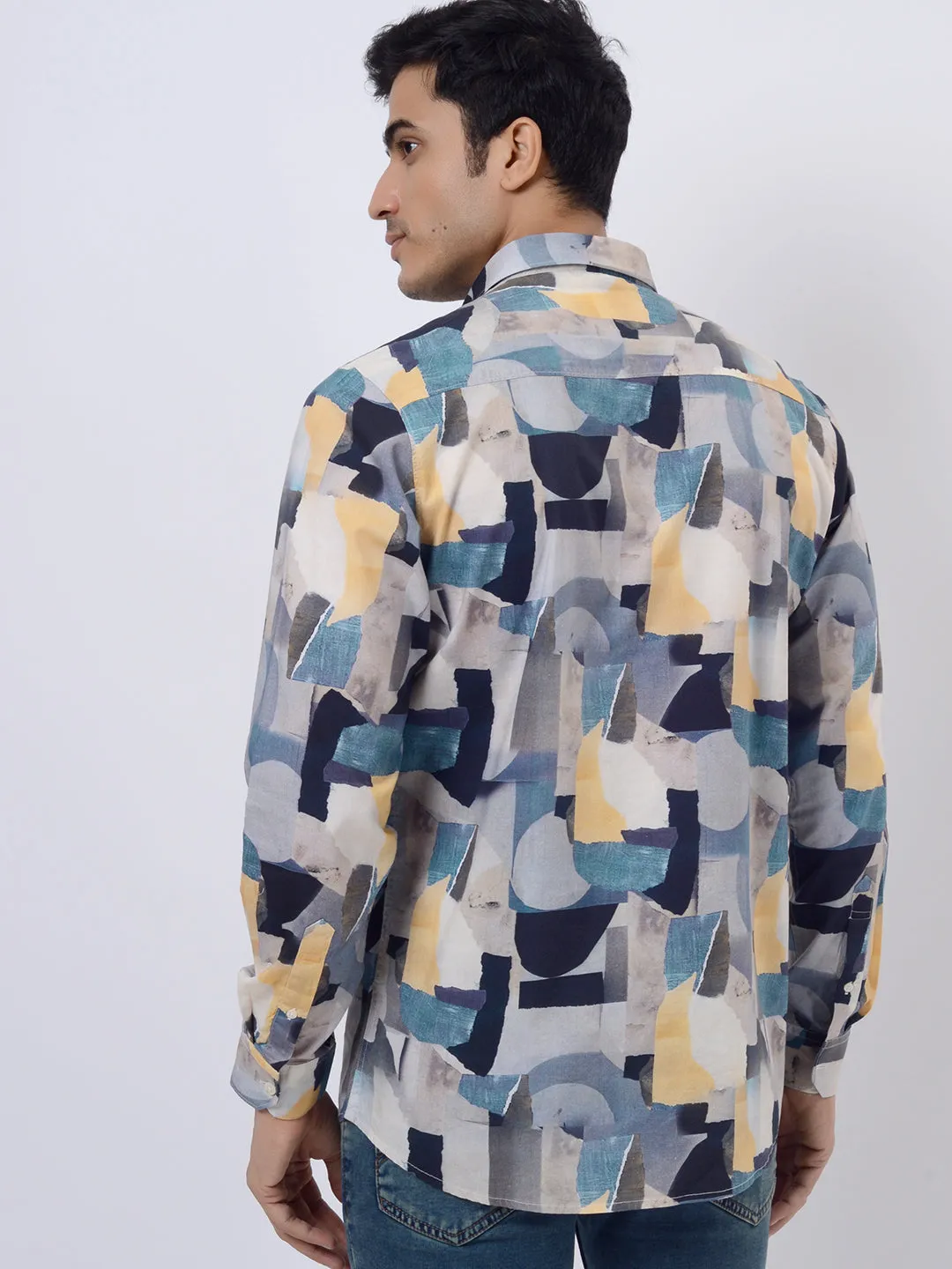 Grey & Blue Printed Slim Fit Casual Shirt | JadeBlue