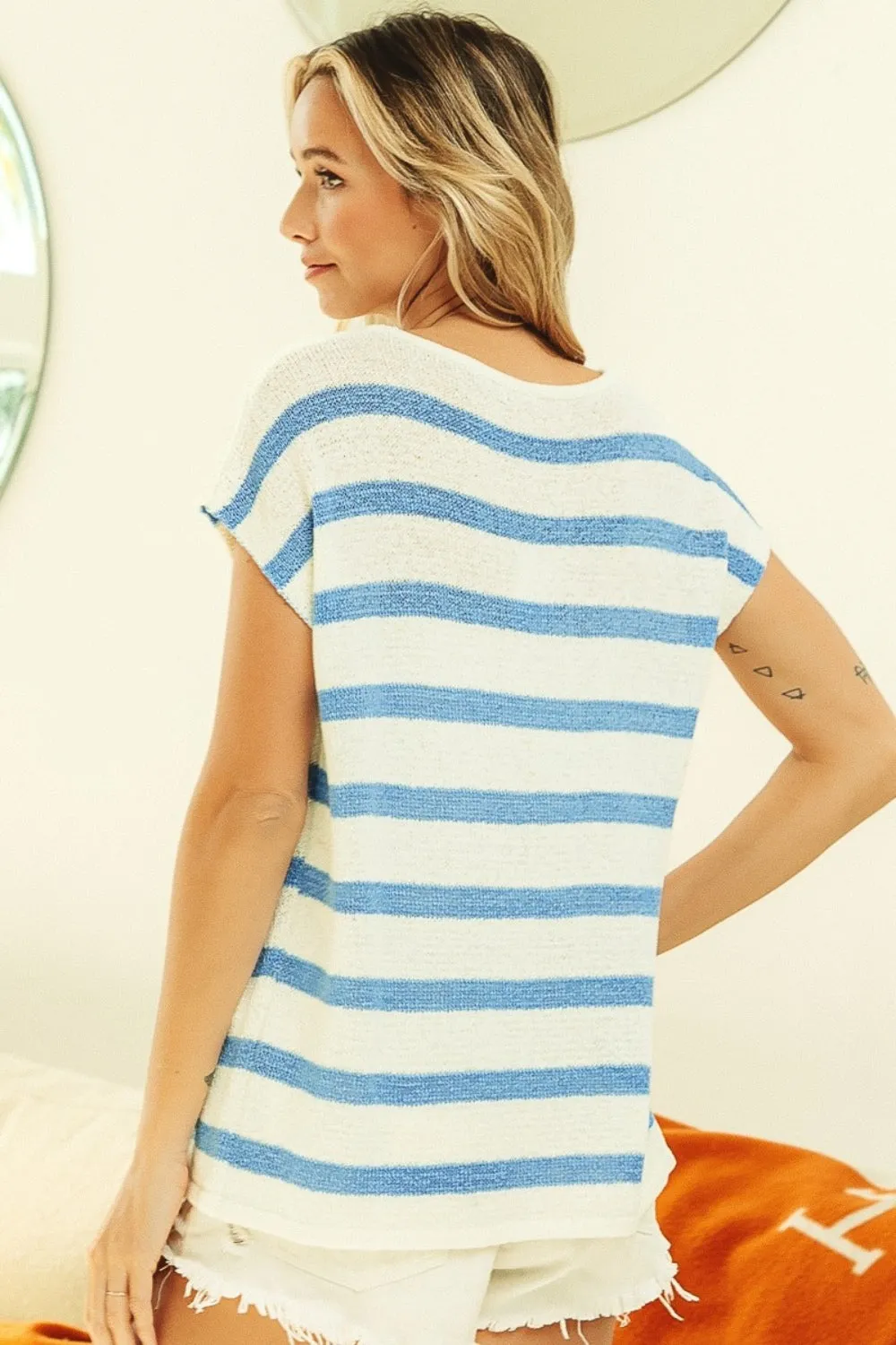Hazel Blues® |  BiBi Striped Round Neck Short Sleeve Knit Top