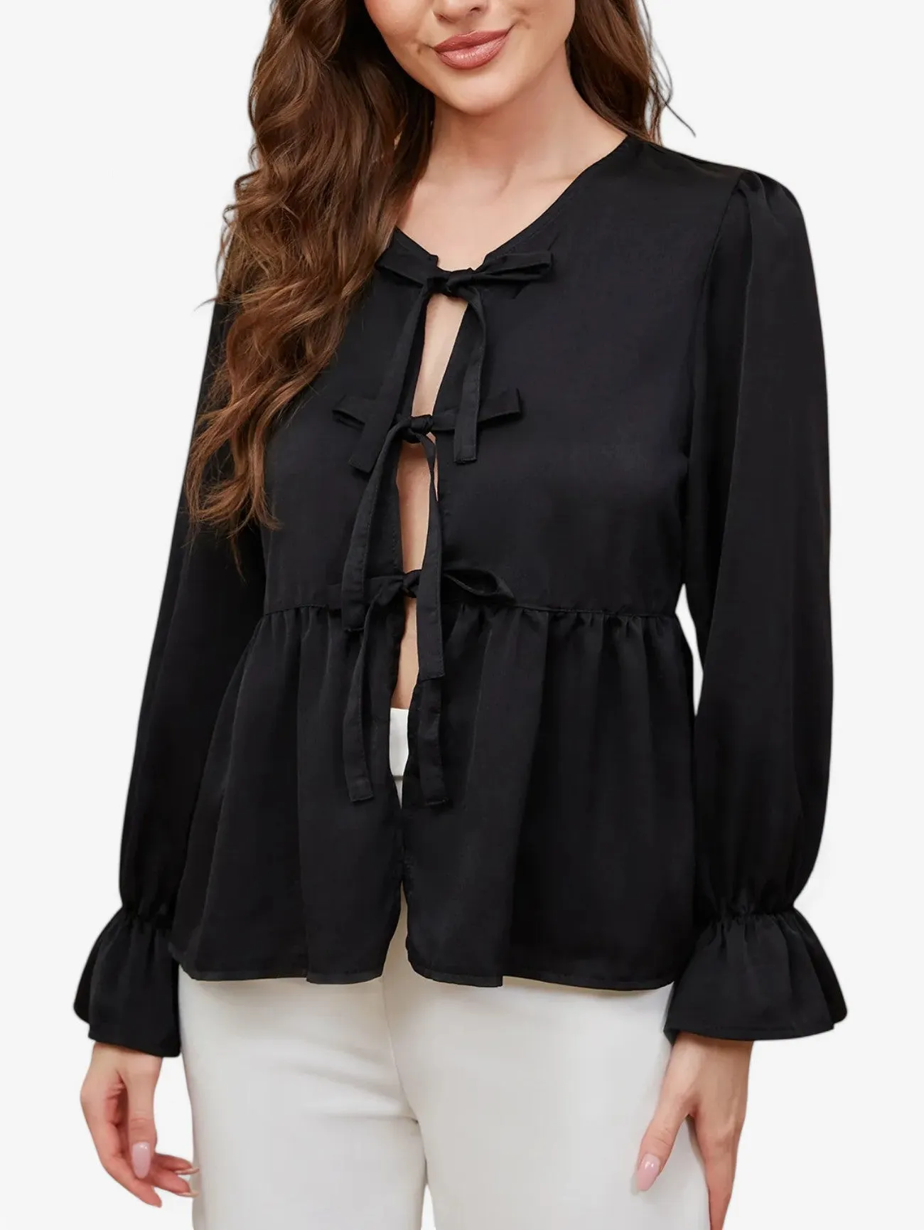 Jada | Women’s Long Sleeve Sheer Chiffon Tie Neck Blouse Top
