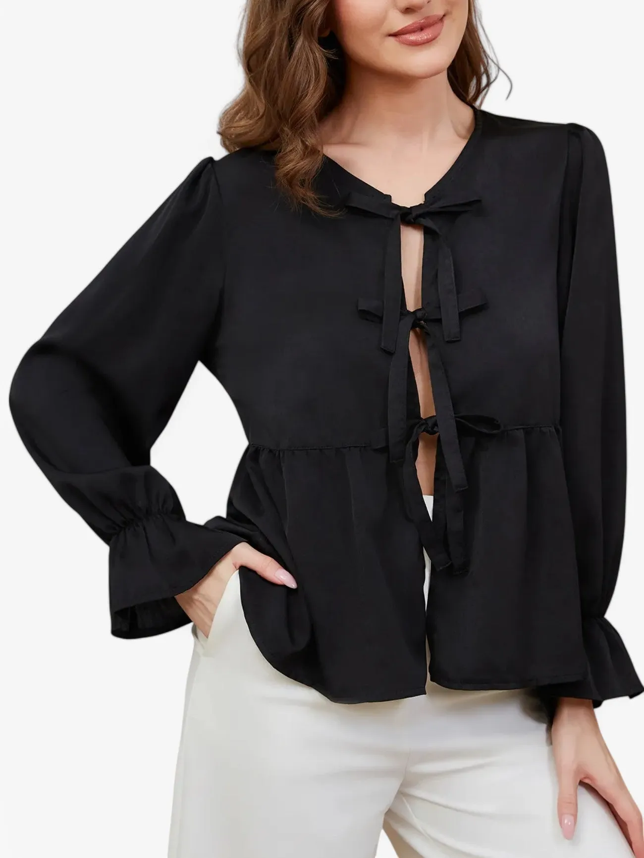 Jada | Women’s Long Sleeve Sheer Chiffon Tie Neck Blouse Top