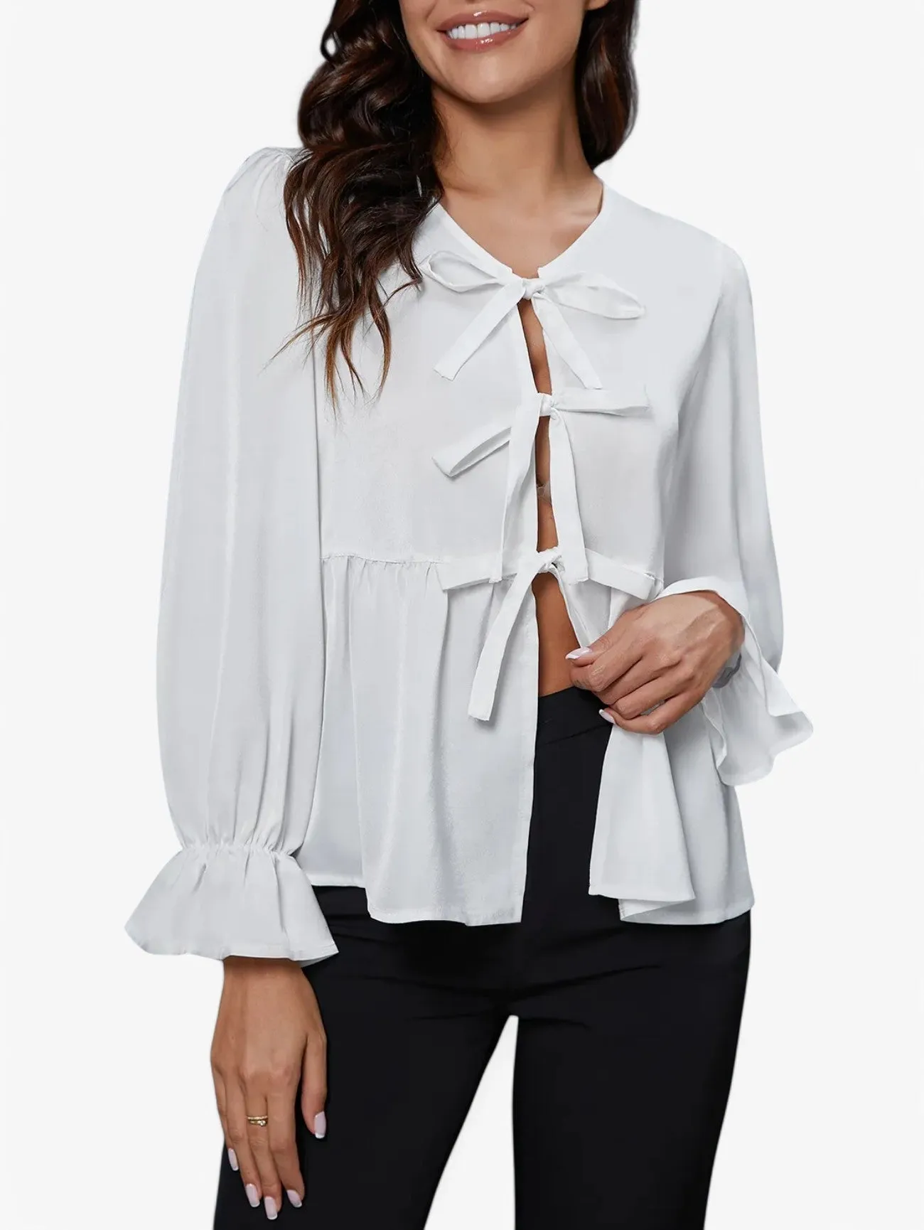 Jada | Women’s Long Sleeve Sheer Chiffon Tie Neck Blouse Top