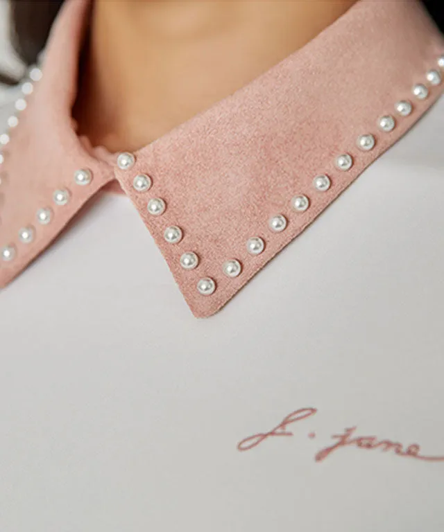 J.Jane Suede Pearl Collar T-Shirts (Pink)