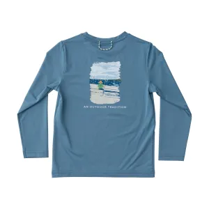 Kids Pro Performance Long Sleeve Fishing T-shirt in Provincial Blue Pier Fishing