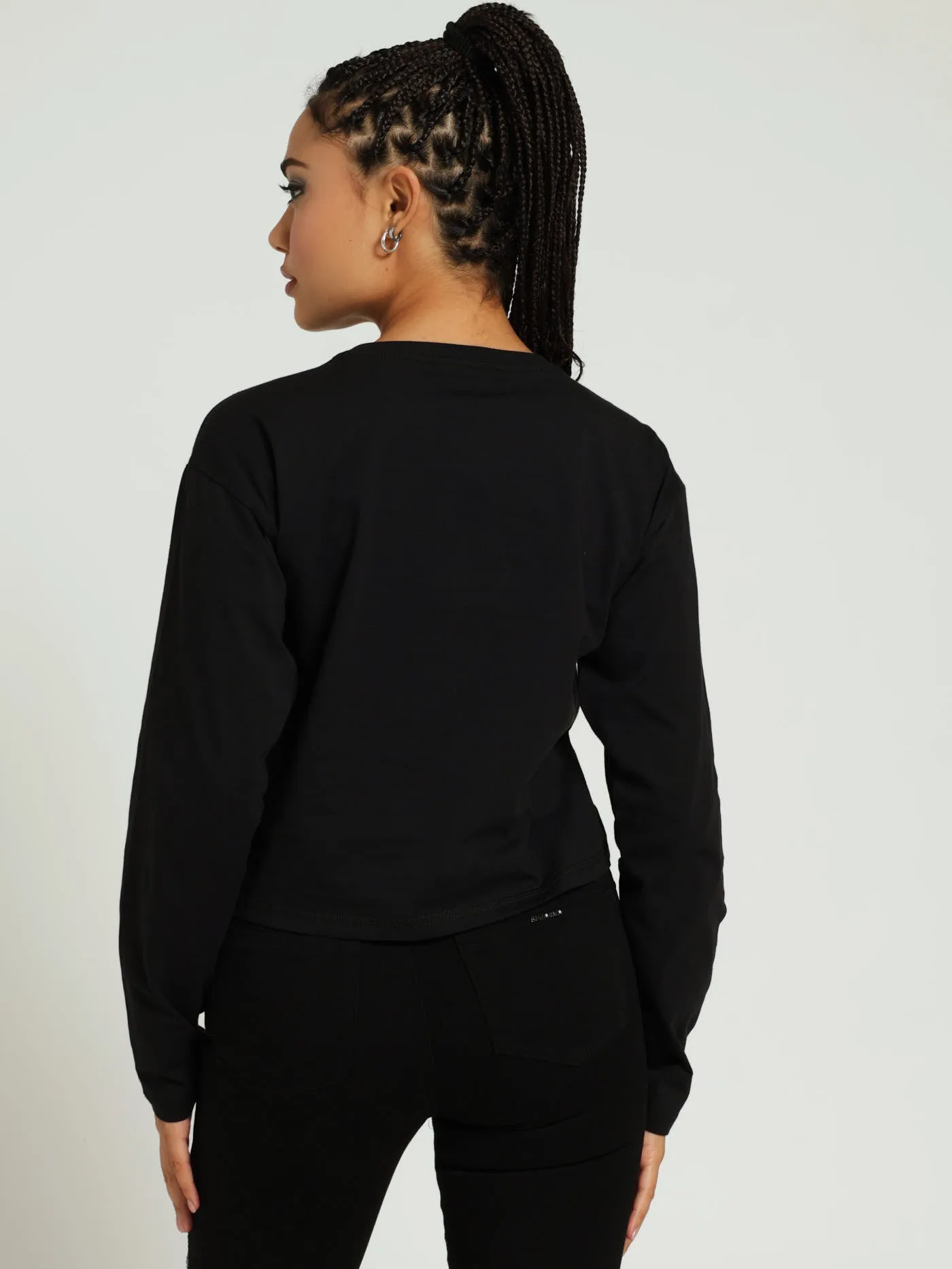 Kim Boxy Long Sleeve Logo Tee - Black