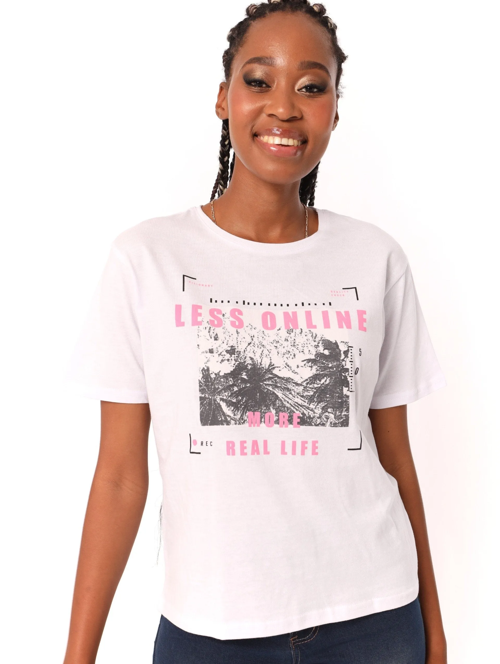Ladies Boxy Photo Tropical Tee - White