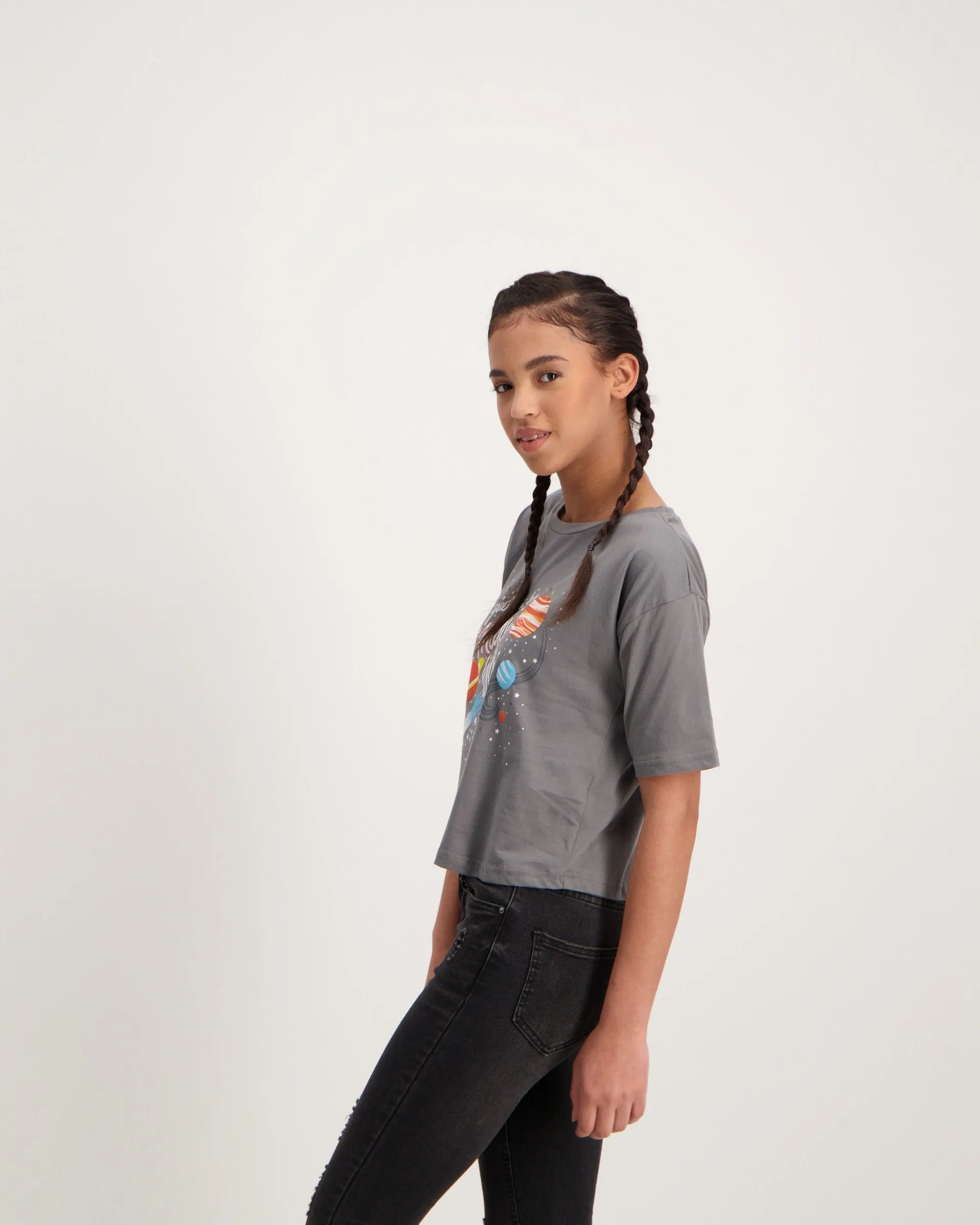 Ladies Galaxy Boxy Tee-Charcoal