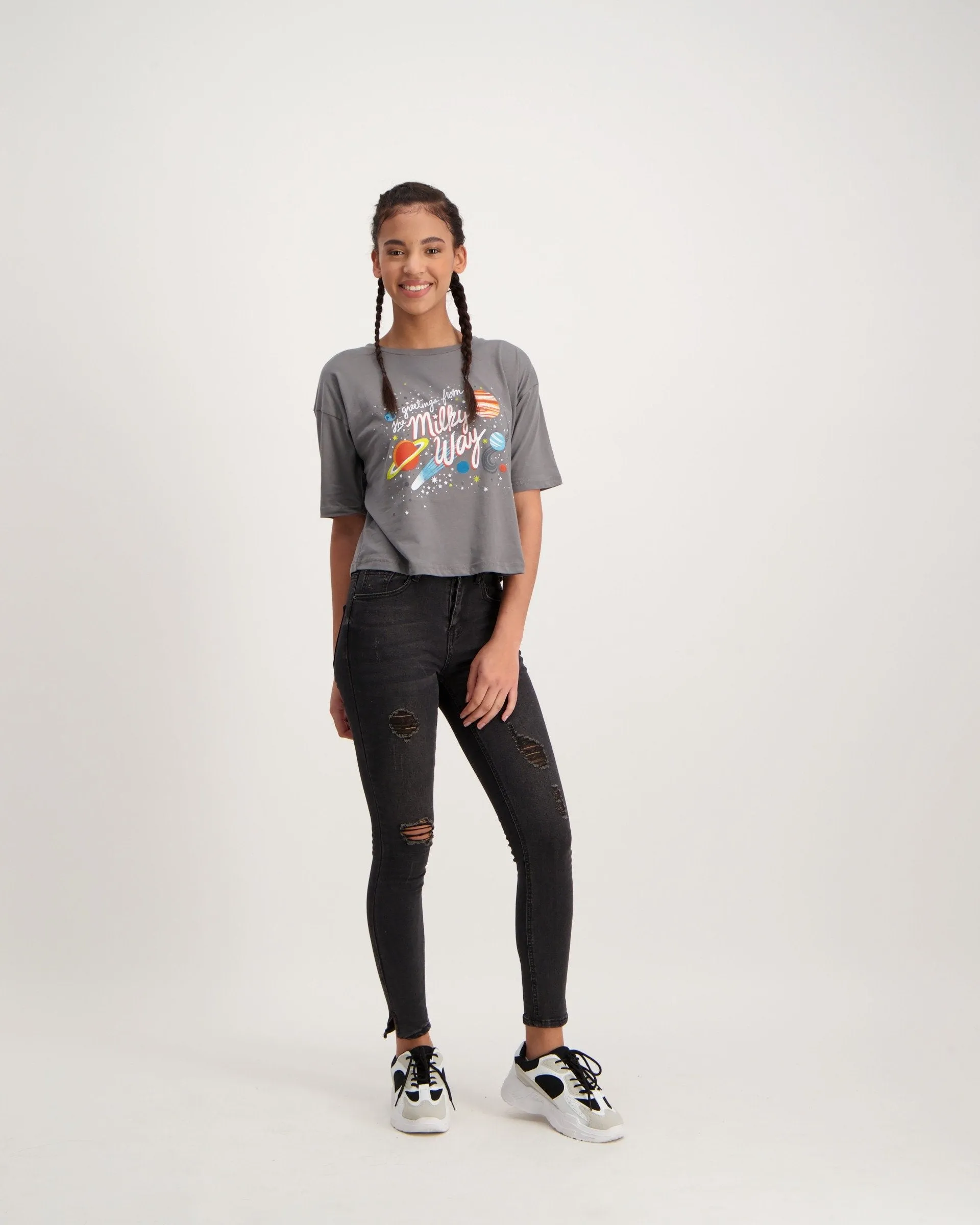 Ladies Galaxy Boxy Tee-Charcoal