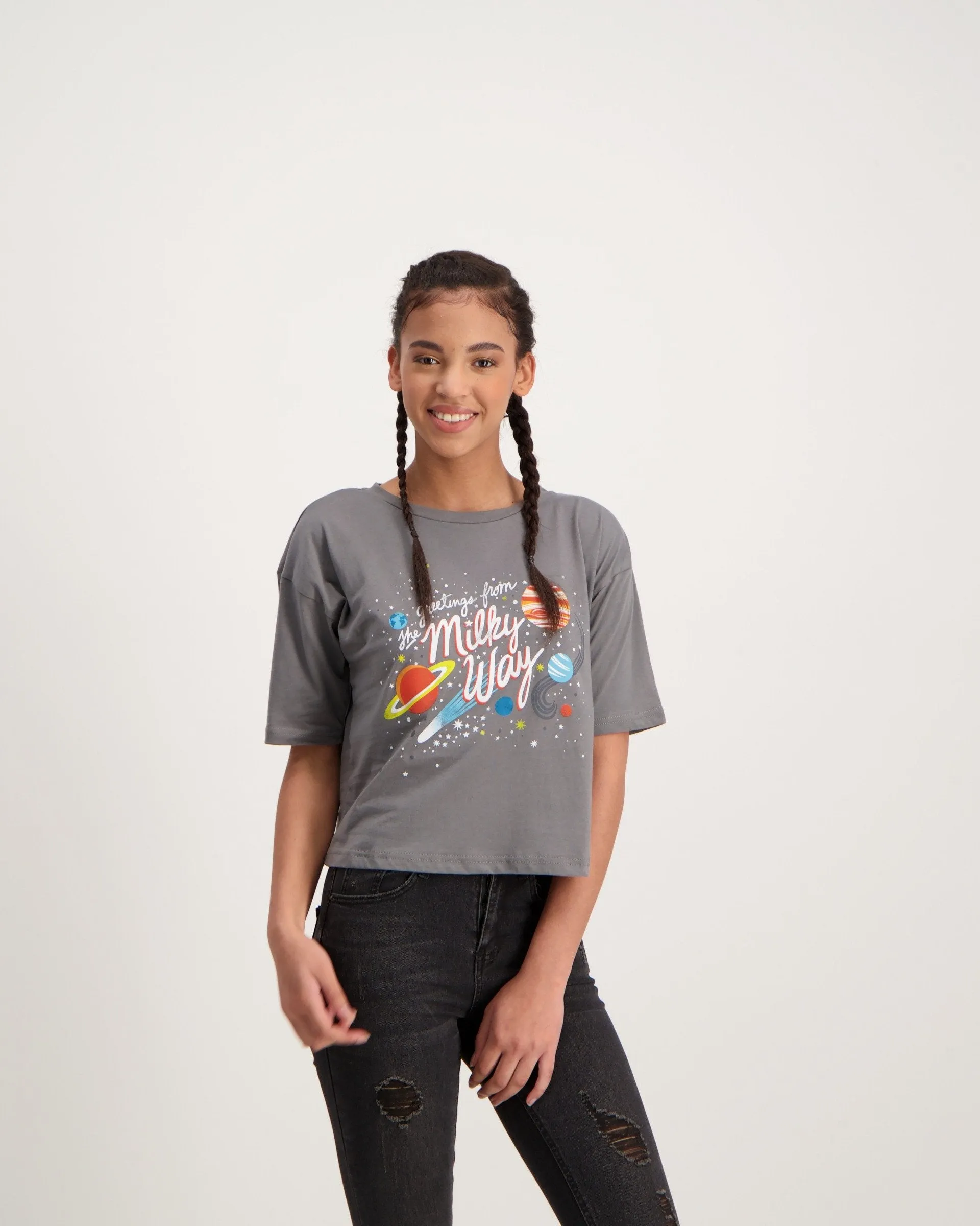 Ladies Galaxy Boxy Tee-Charcoal