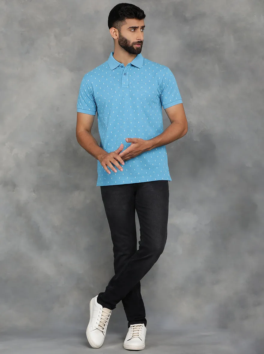 Light Blue Printed Slim Fit Polo T-Shirt | GreenFibre