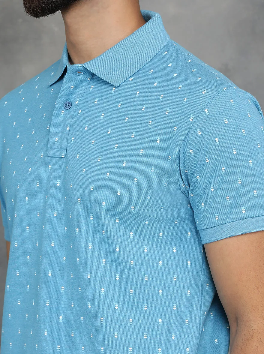Light Blue Printed Slim Fit Polo T-Shirt | GreenFibre
