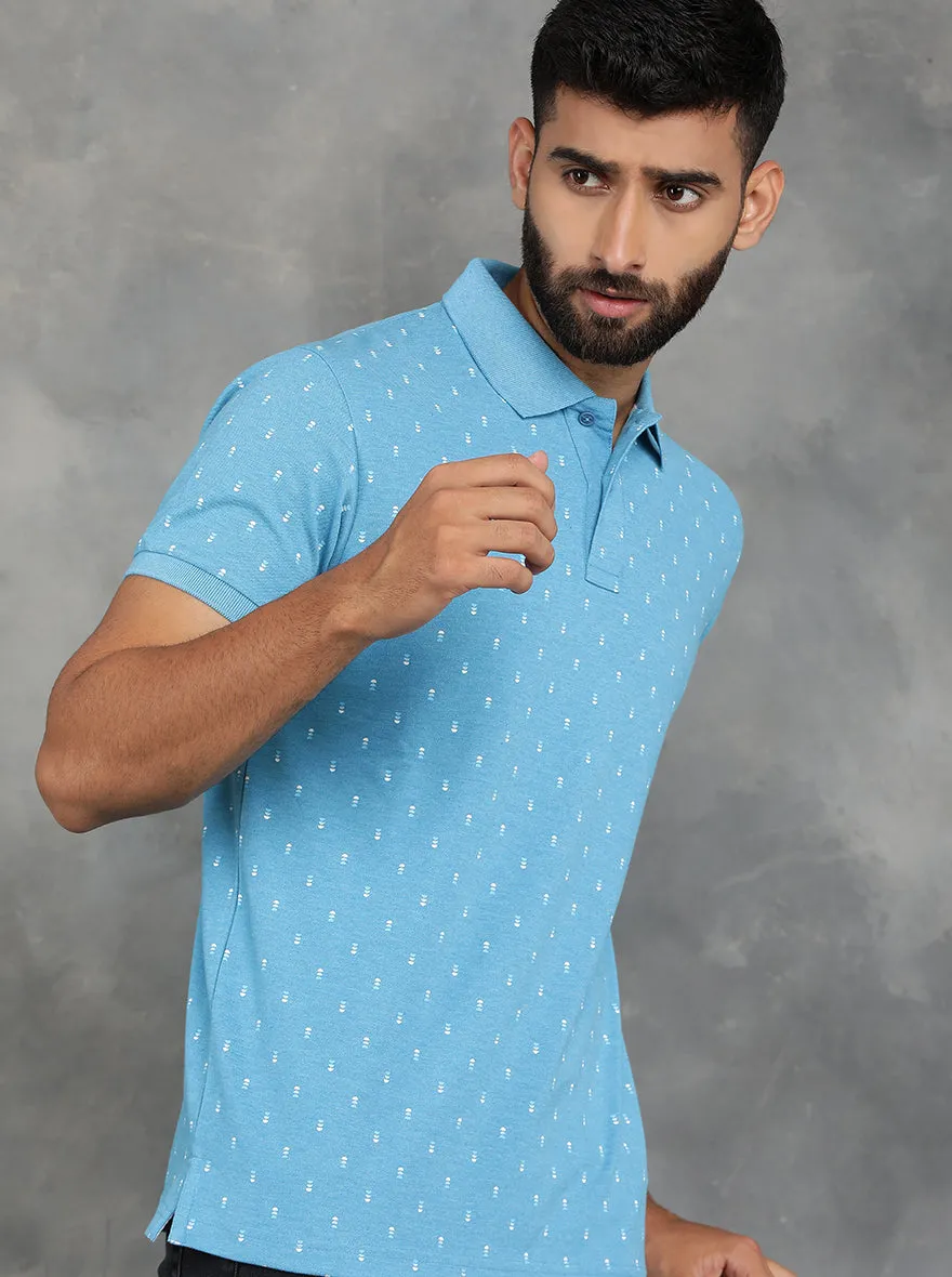 Light Blue Printed Slim Fit Polo T-Shirt | GreenFibre