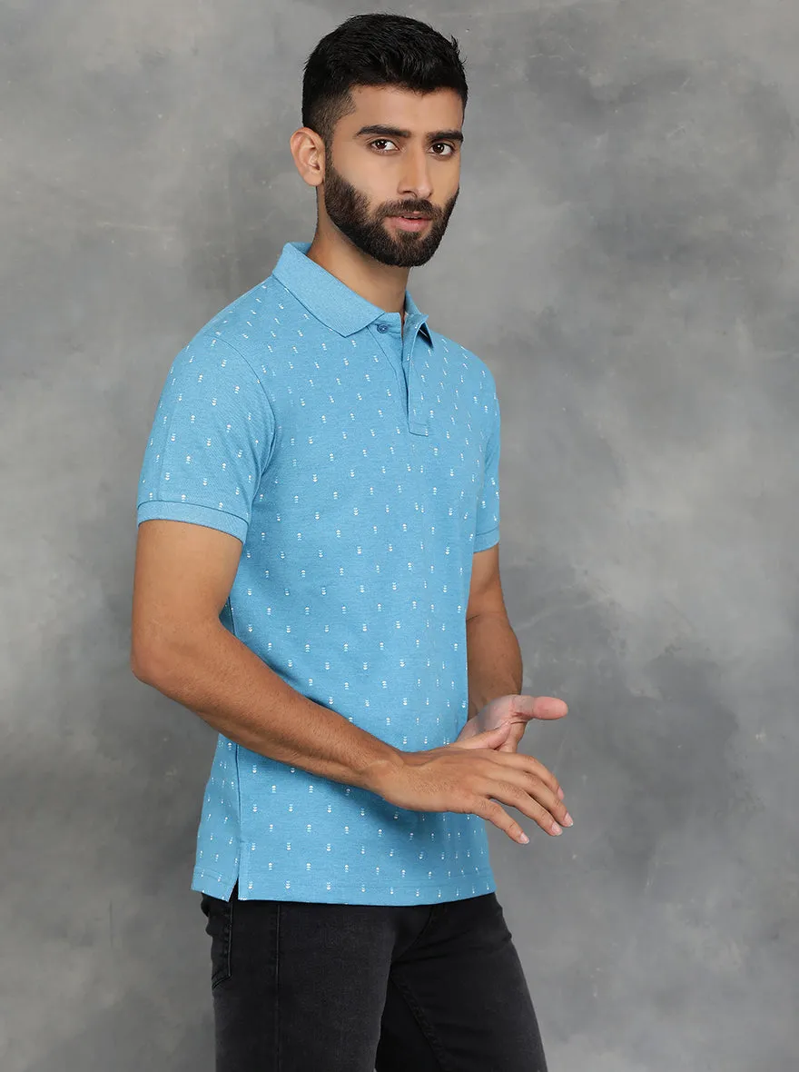 Light Blue Printed Slim Fit Polo T-Shirt | GreenFibre