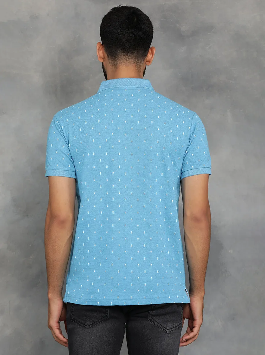 Light Blue Printed Slim Fit Polo T-Shirt | GreenFibre