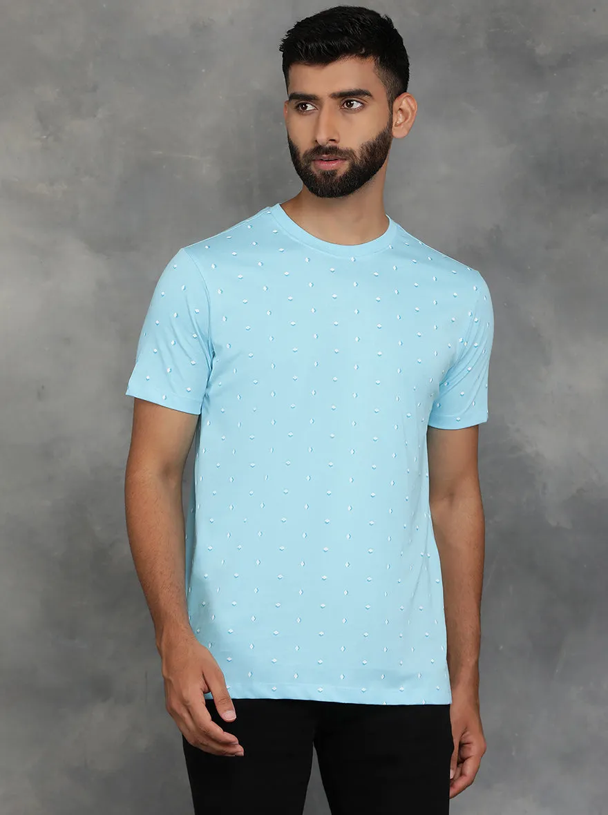 Light Blue Printed Slim Fit T-Shirt | GreenFibre