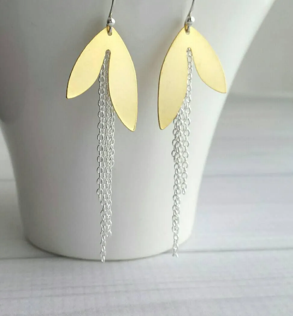 Long Chain Earrings - mixed metal gold/silver leaf petal asymmetrical unique fringe on 925 sterling silver hooks, boho sleek elegant