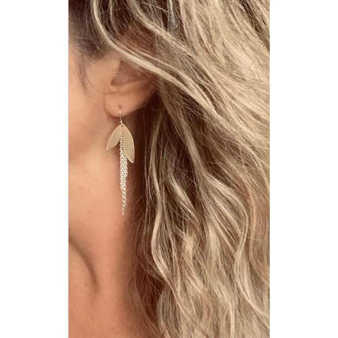 Long Chain Earrings - mixed metal gold/silver leaf petal asymmetrical unique fringe on 925 sterling silver hooks, boho sleek elegant