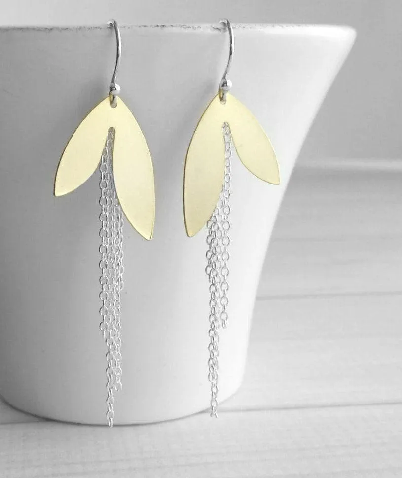 Long Chain Earrings - mixed metal gold/silver leaf petal asymmetrical unique fringe on 925 sterling silver hooks, boho sleek elegant