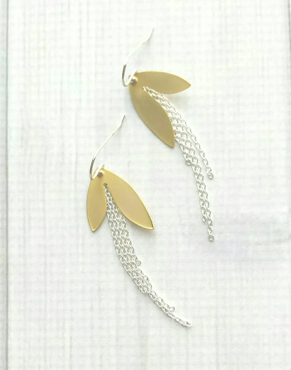 Long Chain Earrings - mixed metal gold/silver leaf petal asymmetrical unique fringe on 925 sterling silver hooks, boho sleek elegant